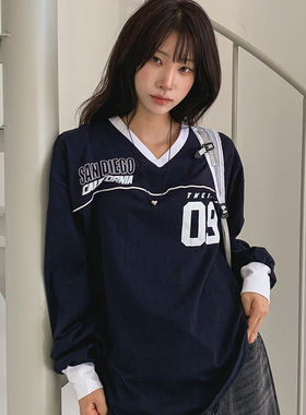 时尚起义韩国代购甜美2025秋新拼色V领sandiego长袖T恤dw25092911