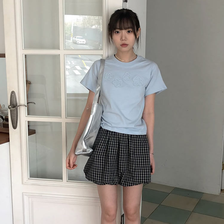 时尚起义韩国甜美2025春夏半松紧腰拉链格子花苞半身裙nw25031913