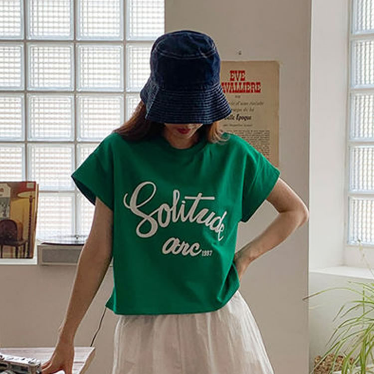 时尚起义韩国甜美2024夏新solitude落肩袖棉质卫衣T恤dw24061707