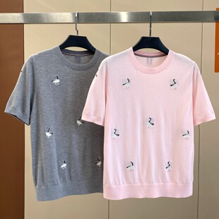 休闲风大雁提花刺绣短袖 新款 宽松圆领短袖 针织上衣 毛衣女2026夏季