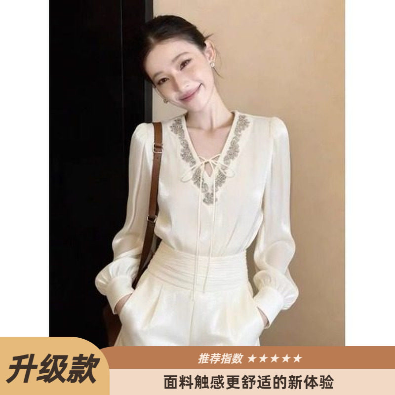 thumbnail for Autumn and winter French light luxury lace-up V-neck white bottom shirt women's design sense niche commuter straight shoulder slimming top