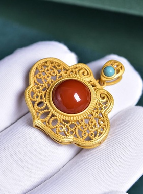 南红小红书同款民族风配饰古法金如意平安锁项链镶嵌祖母红项坠