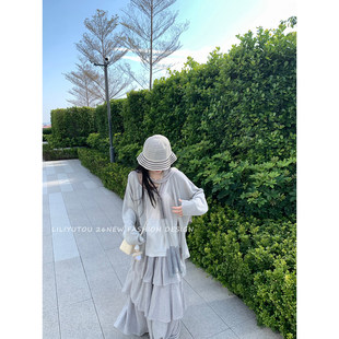 理理芋头 淡人风亚麻莱赛尔宽松百搭防晒通勤灰色针织开衫女夏