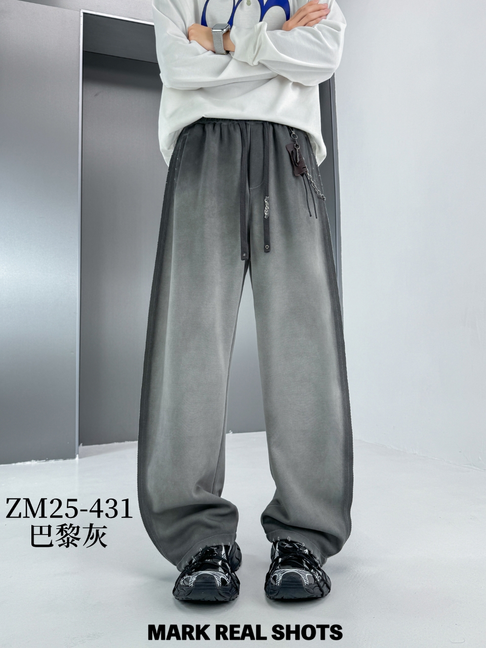 美式潮牌水洗脏脏拼接条边宽松阔腿运动卫裤时尚废土风休闲拖地裤