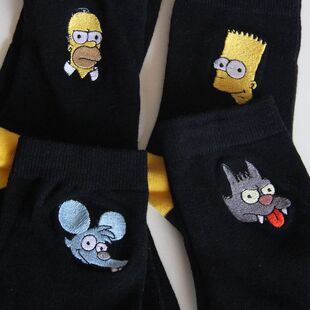 出口大块刺绣 男女式中短筒袜子 棉质黑色卡通 傻猫和坏鼠