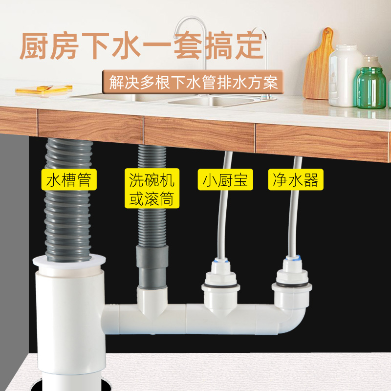 厨房多接口排水PVC管二合一三通