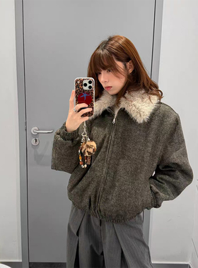 火原素美式羊毛混纺短款外套棉服秋冬正肩大毛领保暖宽松收腰夹克