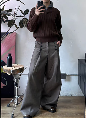 火原素 美式复古老钱风排扣打褶A字阔腿西裤男女直筒休闲宽松潮裤