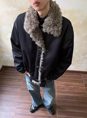 火原素冬季复古加厚毛领飞机扣保暖外套男女高级感棉服小众夹克潮