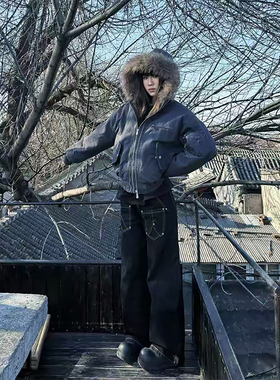火原素美式复古座山雕双面穿棉服男女冬季痞帅保暖可拆卸连帽外套