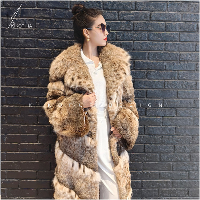 咔咔皮草 超美加长斜纹排天然美喵原皮原色大翻领外套