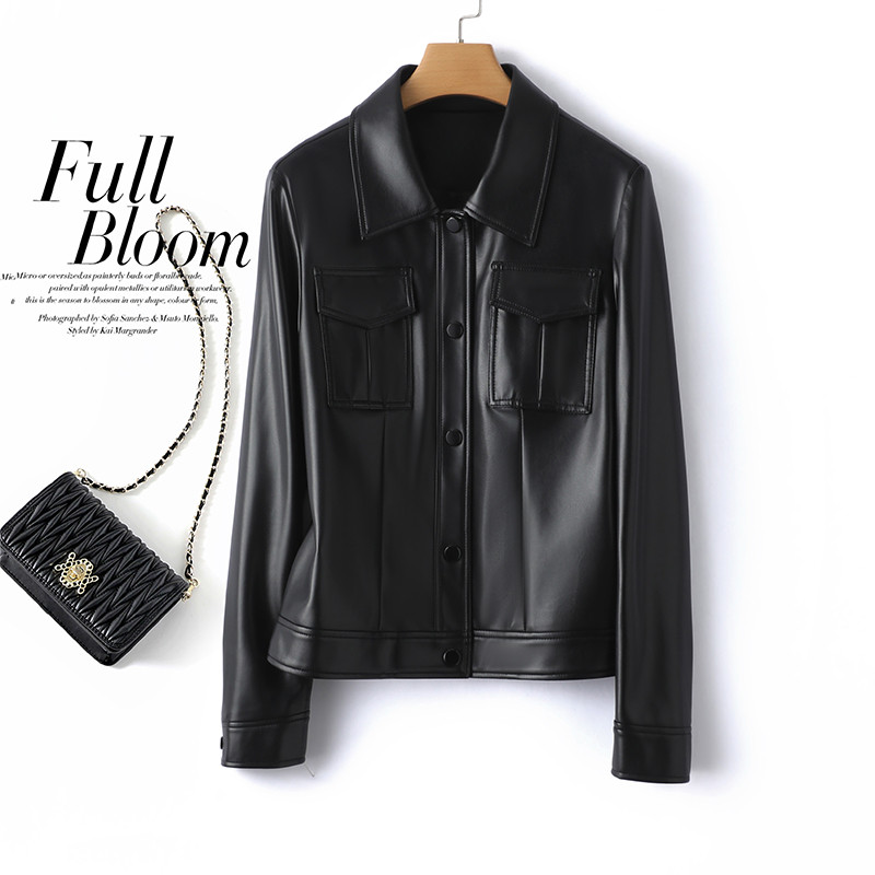 绵羊皮外套女短款皮夹克翻领黑色显瘦海宁新款2025女士皮衣小个子