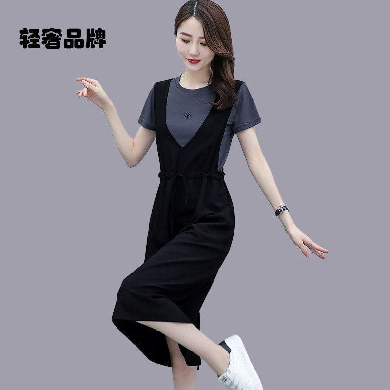 朗姿约定雪纺连衣裙子女装夏季2026年新款小个子t恤假两件背带裙