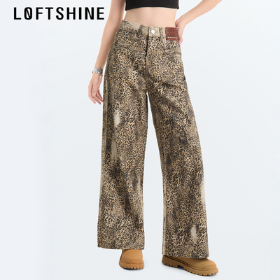 LOFTSHINE珞炫豹纹复古阔腿牛仔裤修身显瘦水洗做旧宽松长裤