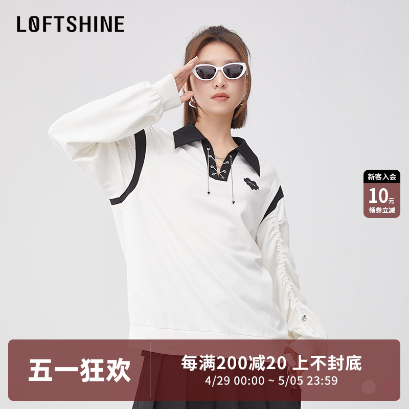 LOFTSHINE珞炫polo领卫衣女V领美式街头休闲宽松撞色卫衣73109063