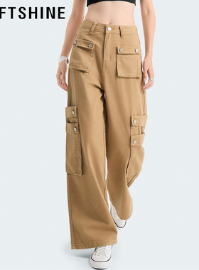 LOFTSHINE珞炫阔腿工装裤女卡其宽松多口袋重磅纯棉长裤户外中性
