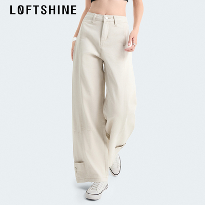 LOFTSHINE珞炫弯刀阔腿牛仔裤宽松显瘦遮肉长裤