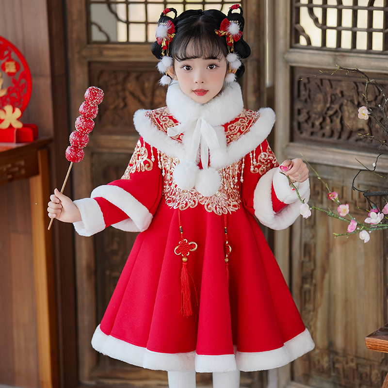 女童中国风秋冬季新款加绒旗袍公主裙洋气儿童古装唐装宝宝