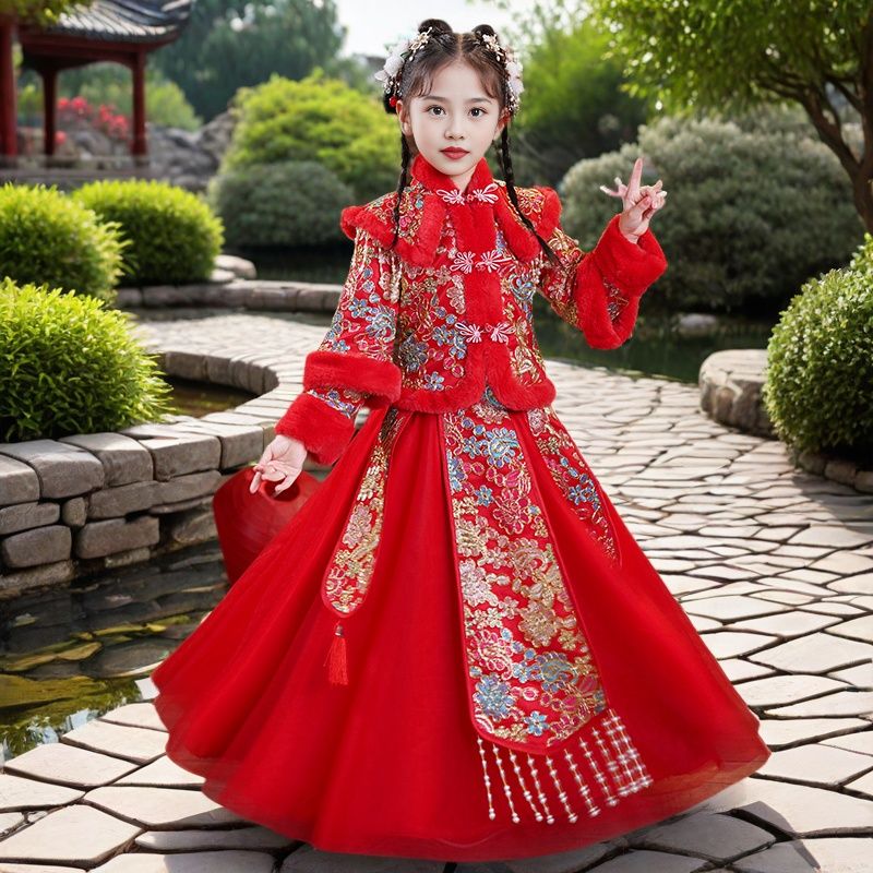 女童汉服冬季新款加绒加厚保暖拜年服套装小女孩喜庆中国风古装