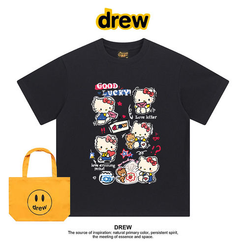 Drew美式潮牌HelloKitty猫短袖t恤男女街头百搭情侣宽松百搭上衣