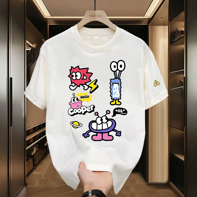 剪刀四季新款美式卡通风印花短袖T恤男女同款宽松纯棉上衣春夏季