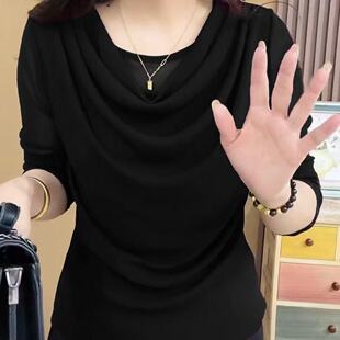 秋季爆款小衫上衣气质长袖春秋新款女士打底洋气堆堆纯色蕾丝网纱