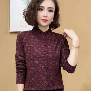 秋冬新款提花棉加绒衬衫印花保暖打底小衫半高领衬衣妈妈装上衣