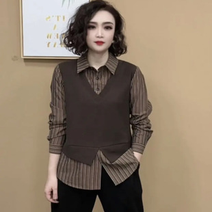 2025春季新款假两件条纹长袖衬衫显瘦大码气质女士修身小衫百搭