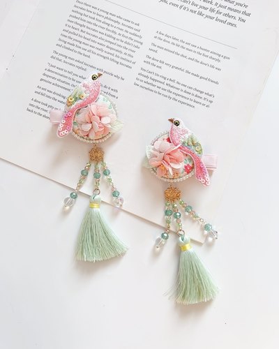 儿童发夹女童翠鸟刺绣水晶流苏古风发卡发饰中国风女孩汉服头饰