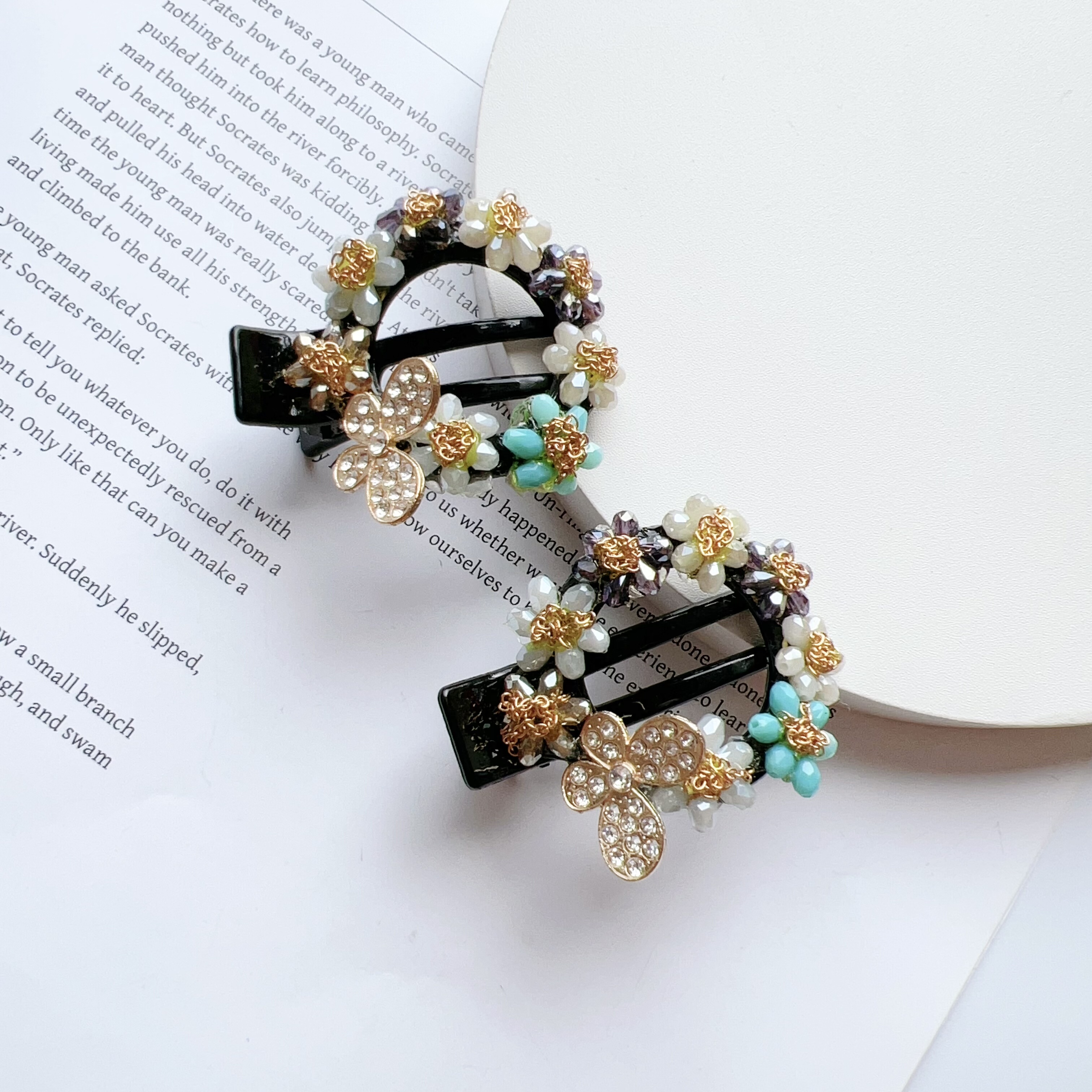 韩国新款高级原石水晶重工流苏蝴蝶结儿童公主气质侧边夹鸭嘴夹