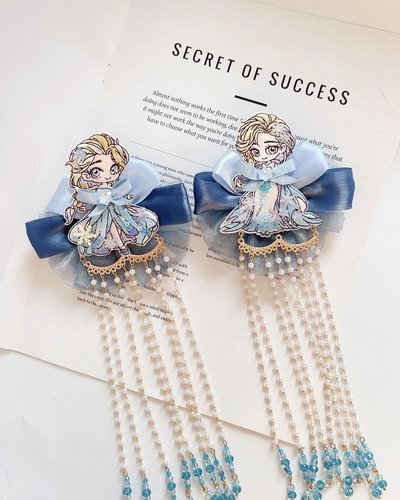 新款手工制作儿童刺绣爱沙公主重工长水晶流苏蝴蝶结弹簧夹