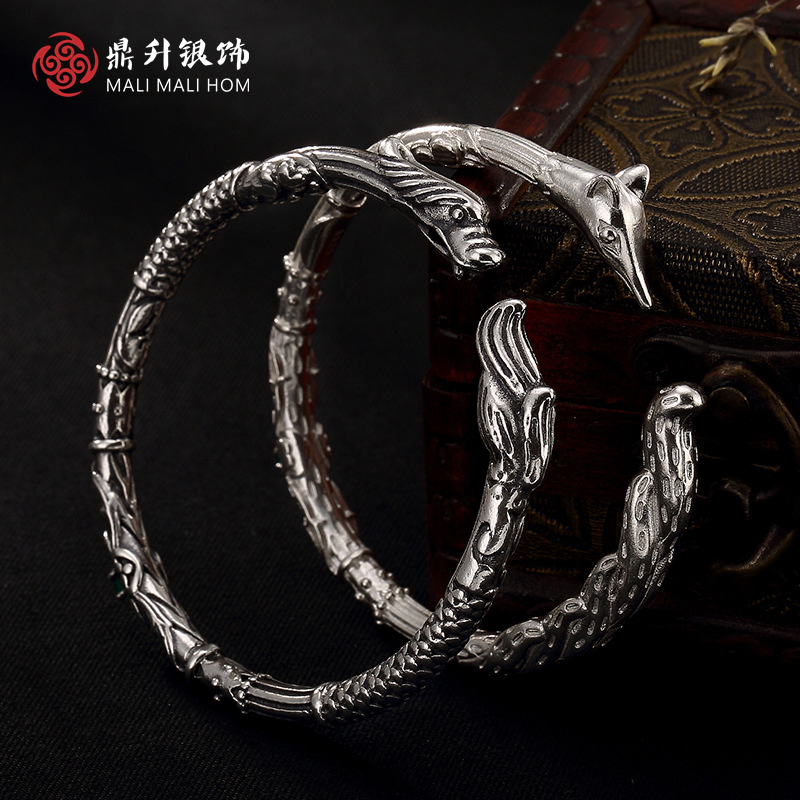鼎升S925纯银复古三生三世十里桃花同款黑龙白狐狸镶嵌情侣手镯