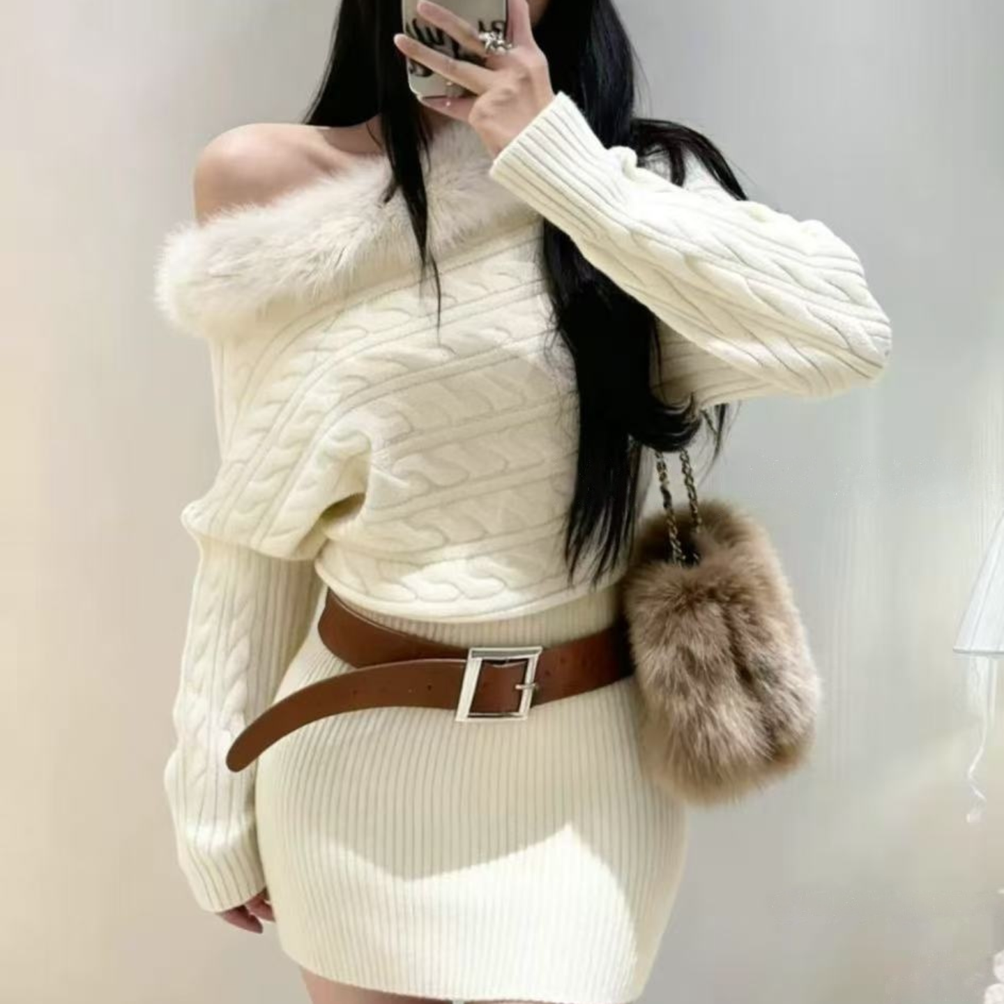 纯欲风毛领露肩麻花毛衣包臀裙女冬季新款慵懒风中长款针织衫上衣