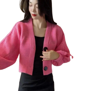 短款针织开衫女秋冬季设计感宽松V领灯笼袖系绳毛衣外套时尚上衣