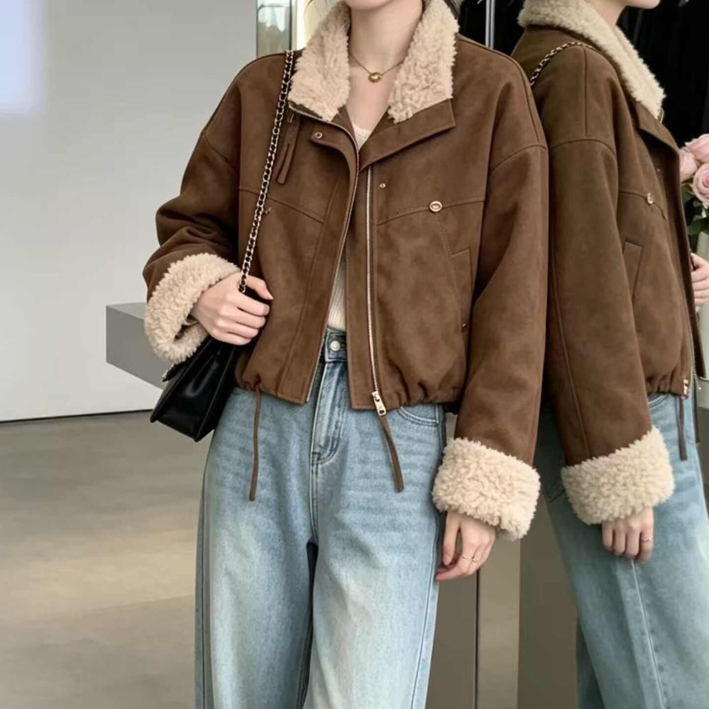 短款翻领鹿皮绒外套女冬季2026新款宽松显瘦皮毛一体加厚减龄上衣