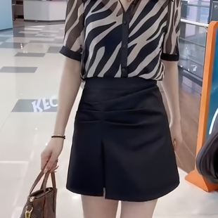 黑色西装 半身裙褶皱短裙显瘦一步a字裙 包臀裙女开叉2025夏季 新款