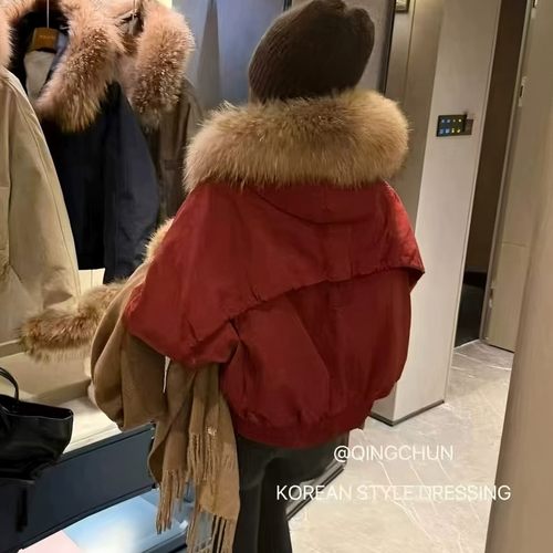 大毛领短款羽绒派克服外套女冬