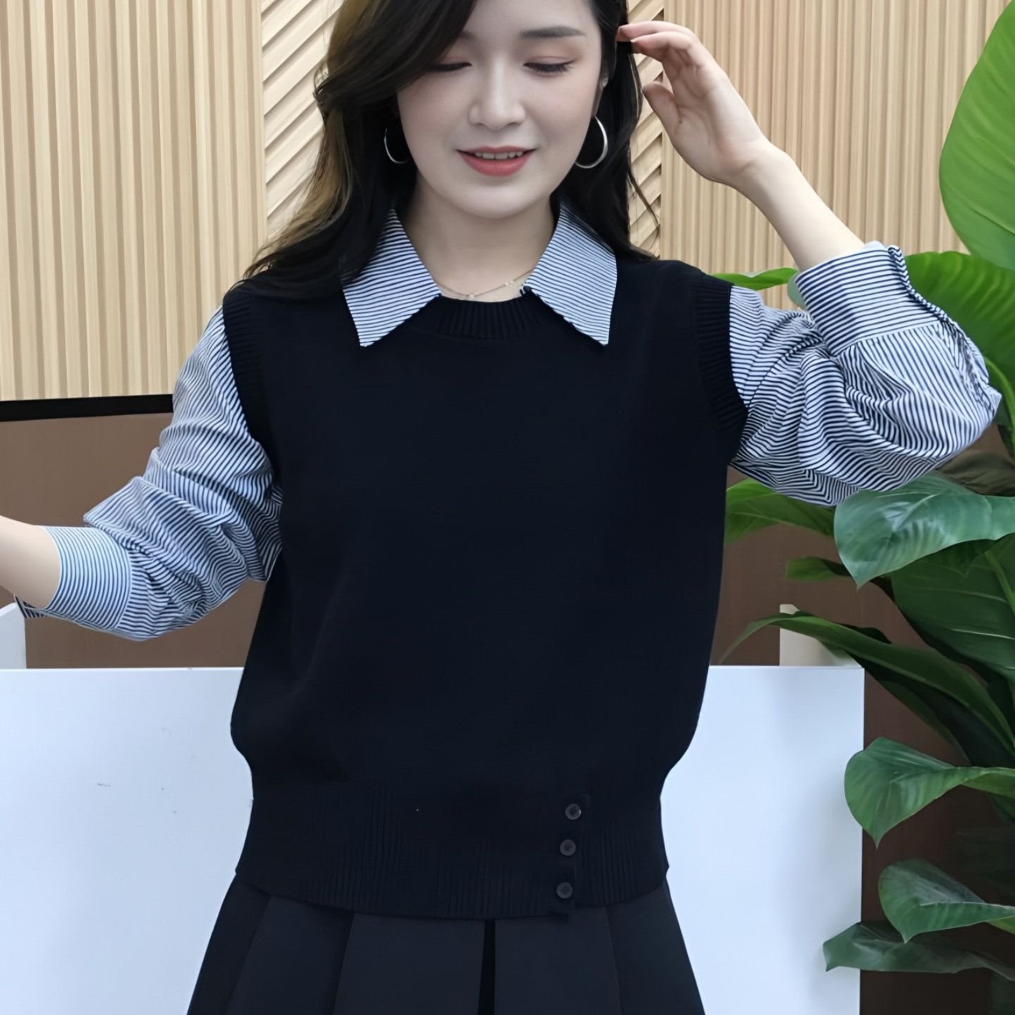 假两件条纹拼接针织毛衣女