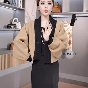 短款毛衣开衫外套女春秋季双面呢蝙蝠袖小个子高腰慵懒风外搭上衣