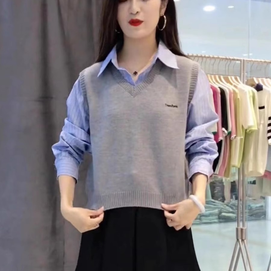 假两件拼接衬衫针织马甲女