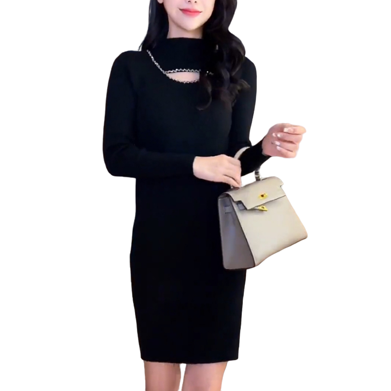 半高领中长款毛衣女2026秋冬新款修身内搭显瘦钉珠长袖针织打底衫
