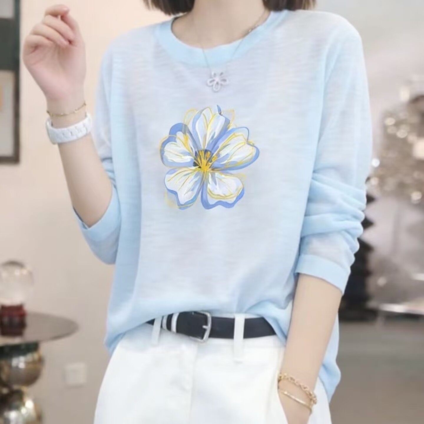 竹节棉长袖t恤女夏季2026新款宽松显瘦冰丝针织防晒罩衫印花上衣