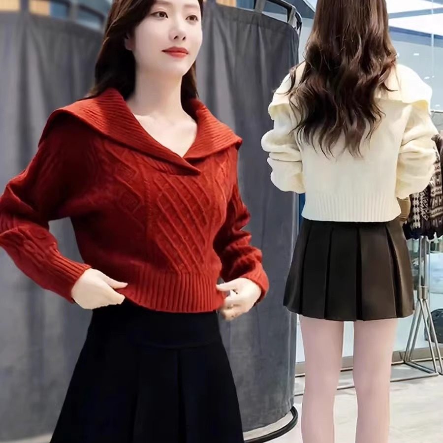 复古红色麻花毛衣女2025秋冬新款高腰短款洋气时尚外穿针织衫上衣,女装/女士精品,毛衣,淘宝优惠券,粉丝福利购,淘宝优惠卷