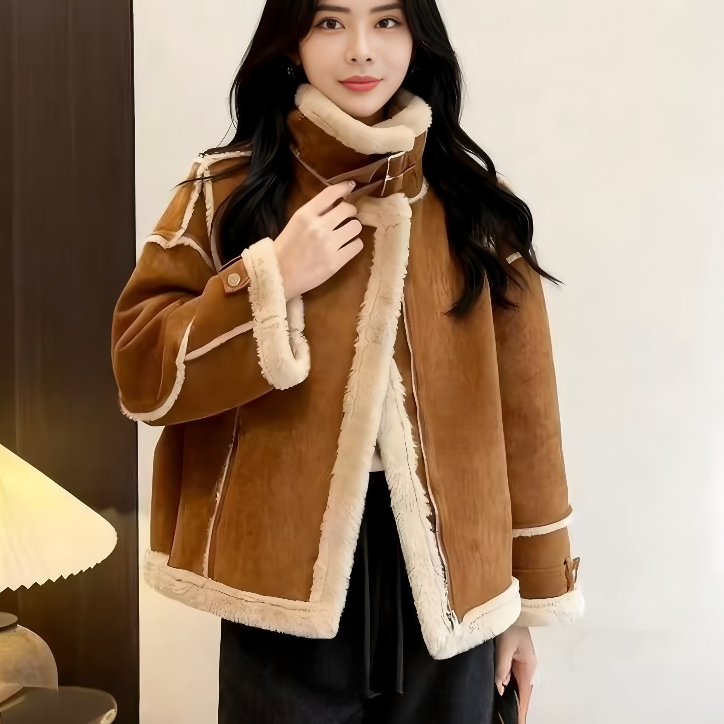 欧货麂皮绒羊羔毛短外套女仿皮草