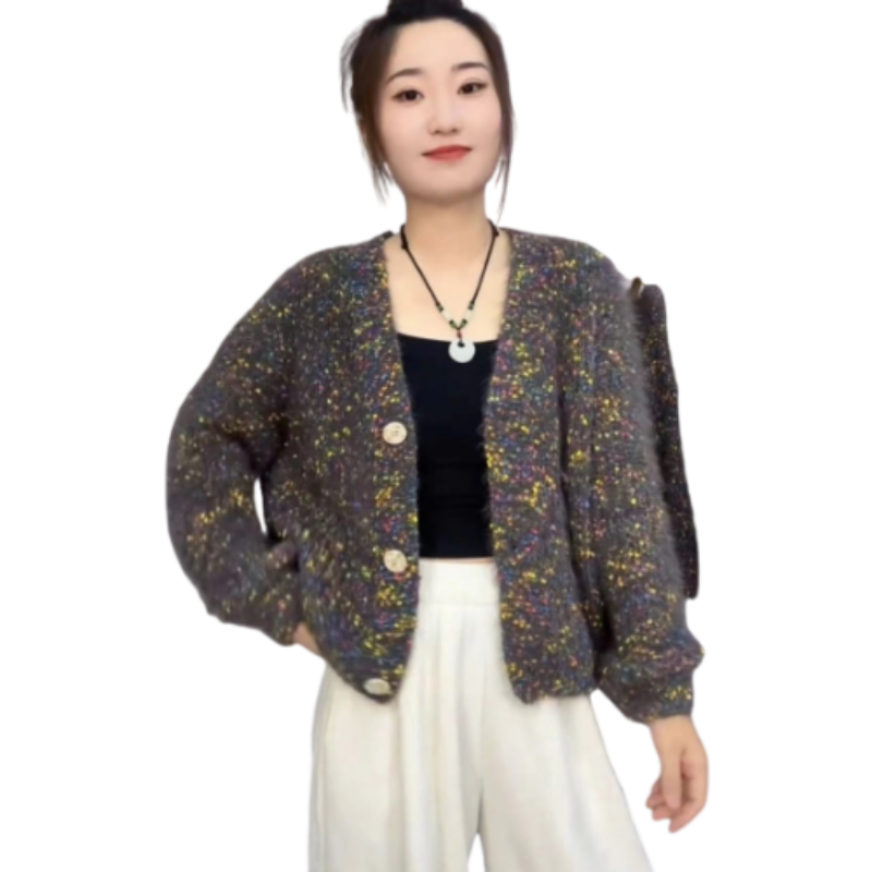 软糯彩色花线针织开衫女秋冬季20024新款V领长袖宽松慵懒毛衣外套
