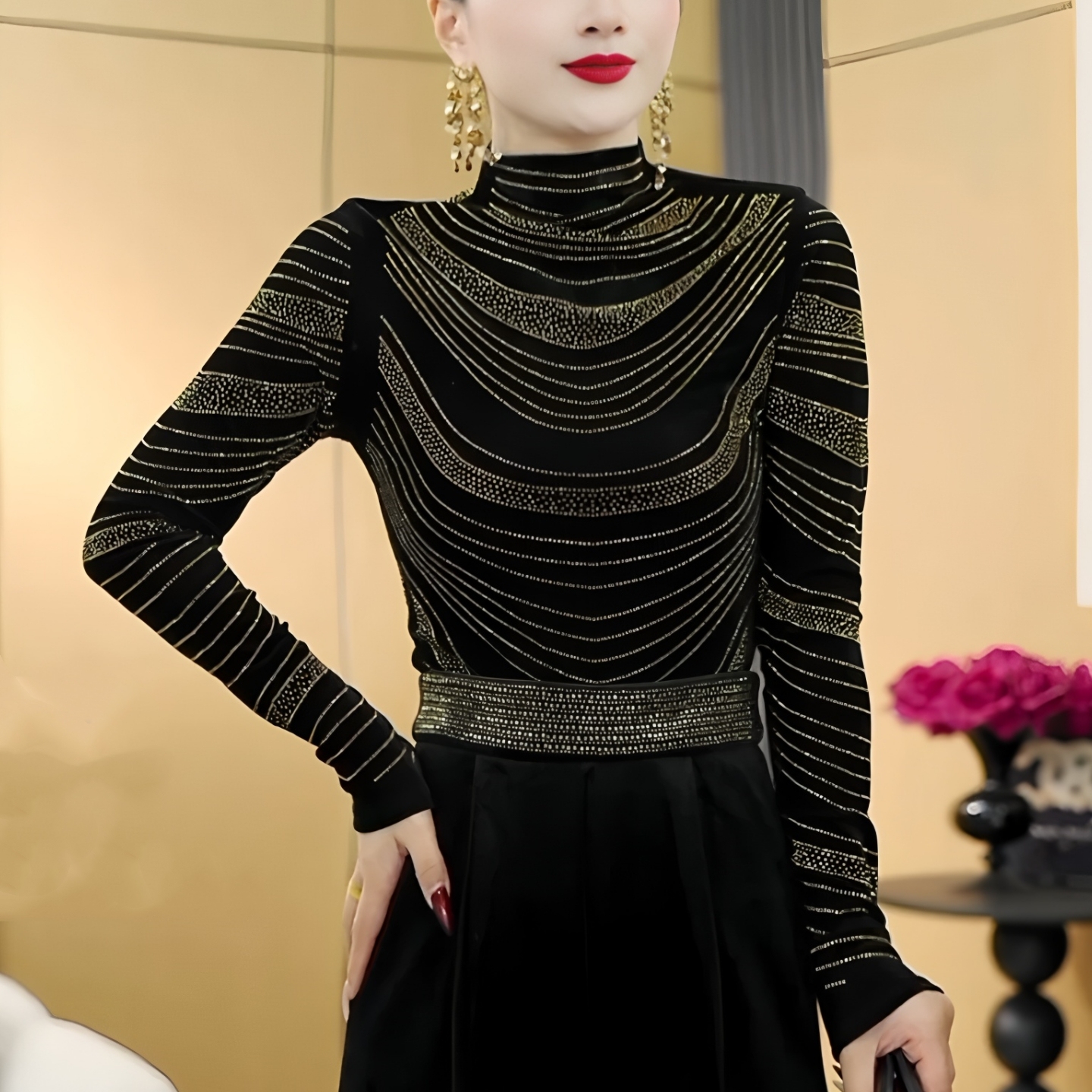 重工烫钻半高领打底衫女秋冬