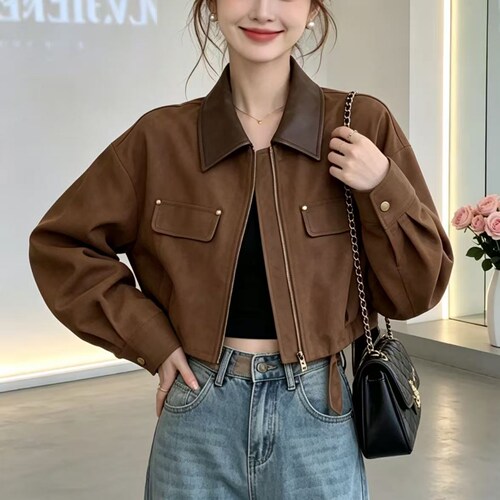 复古风翻领鹿皮绒短外套女