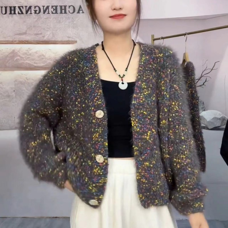 软糯彩色花线针织开衫女秋冬季20024新款V领长袖宽松慵懒毛衣外套