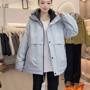 加绒加厚冲锋衣外套女2025冬新款 宽松显瘦连帽派克服夹克上衣 韩版