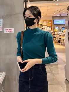 女长袖 洋气内搭泡泡袖 2025秋季 宽松打底修身 上衣 新款 半高领针织衫